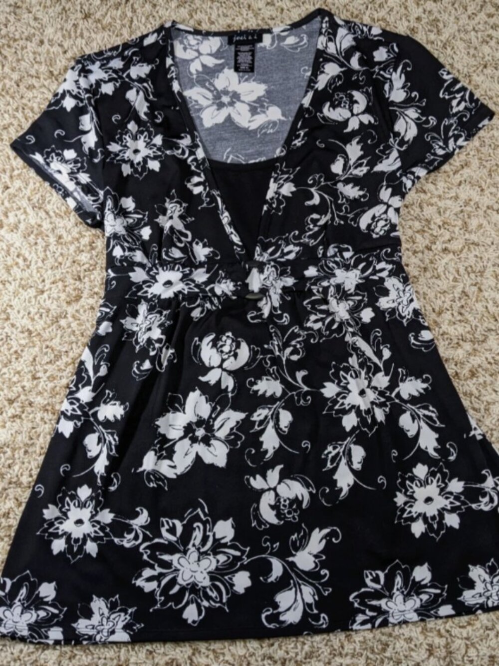 JOEI & I Womens Size XL Black and White Floral Print Sleeved Dress Y2K 2000s